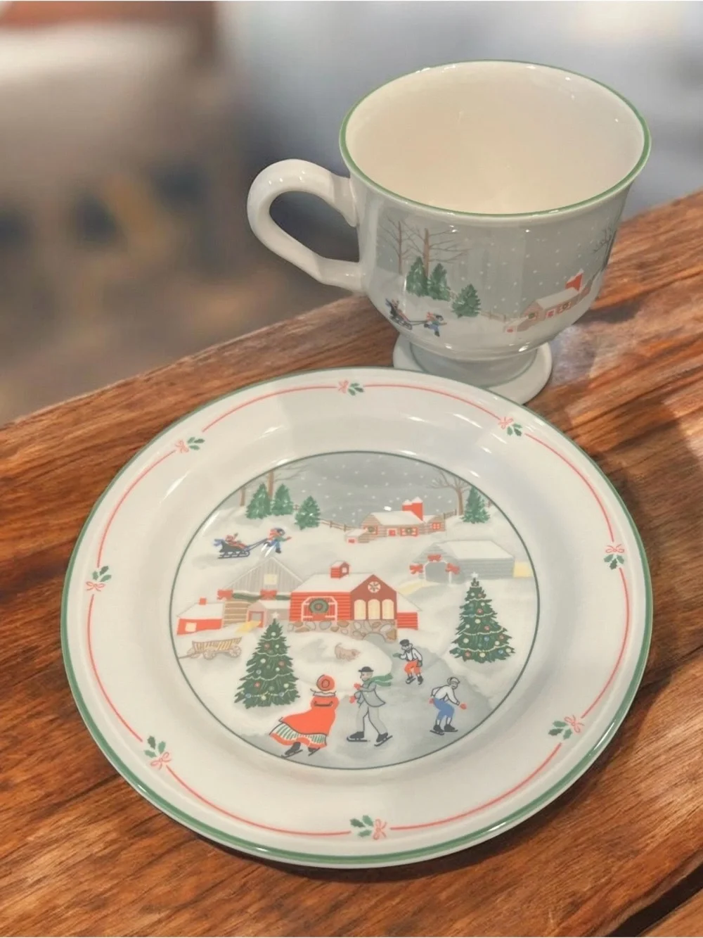 17 piece vintage Sango Skating Christmas/Winter Ceramic dinnerware.